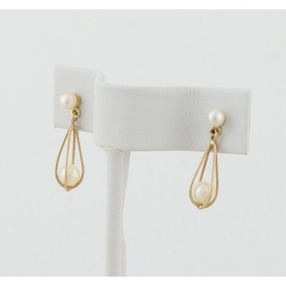 14k Yellow Gold Freshwater Pearl Cage Earrings Dangle Drop Earrings 3/4" x 1/4" - Picture 1 of 7